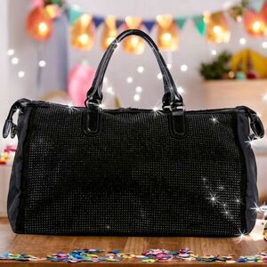 LAST 1 Black Duffel Bag Rhinestone Bling Accented Travel Gym Bag Activewear